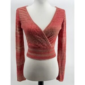 American Eagle Cropped Sweater Top Womens Small Pink Space Dye Ribbed Wrap Front